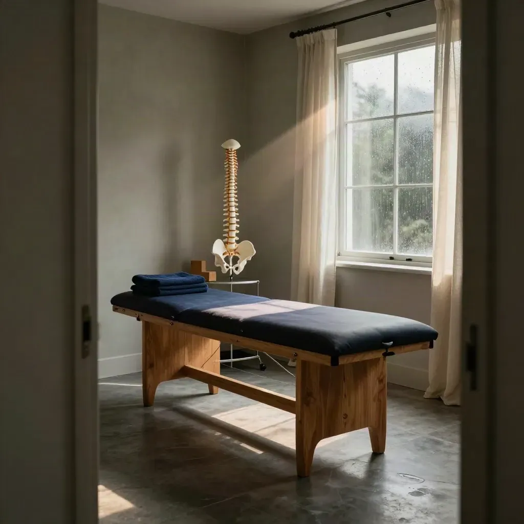 Empty osteopathy treatment room with plinth, spine model, towels and rain-lit window