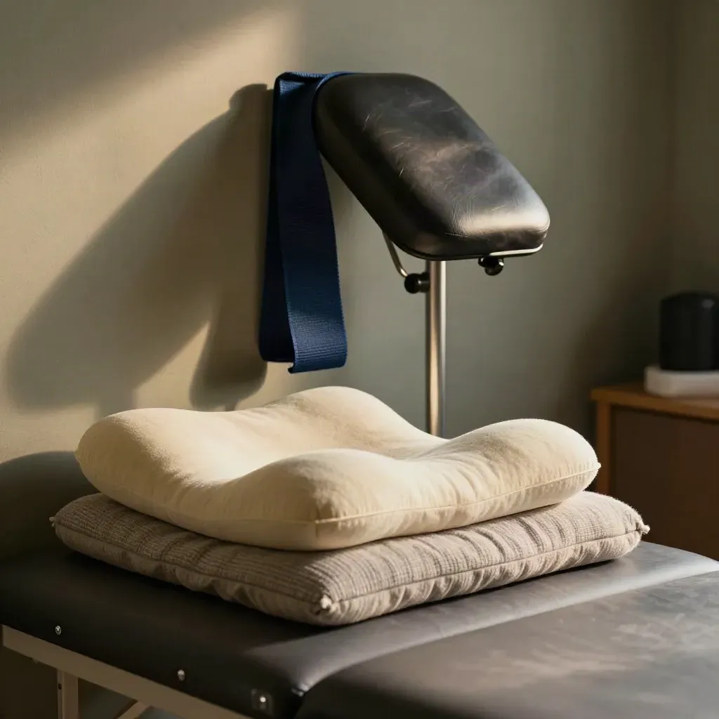 Cervical pillow, stacked neck cushions, and navy therapy band beside a headrest