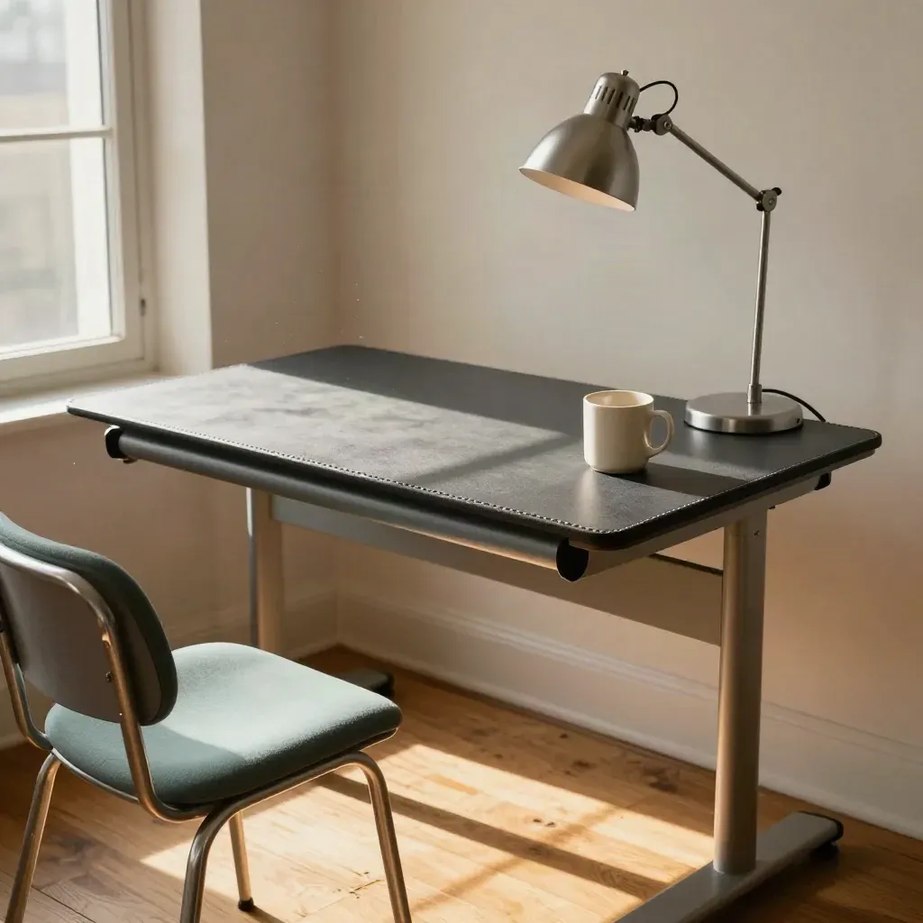 Empty classroom corner with standing desk mat, supportive stool, lamp and mug in morning light.