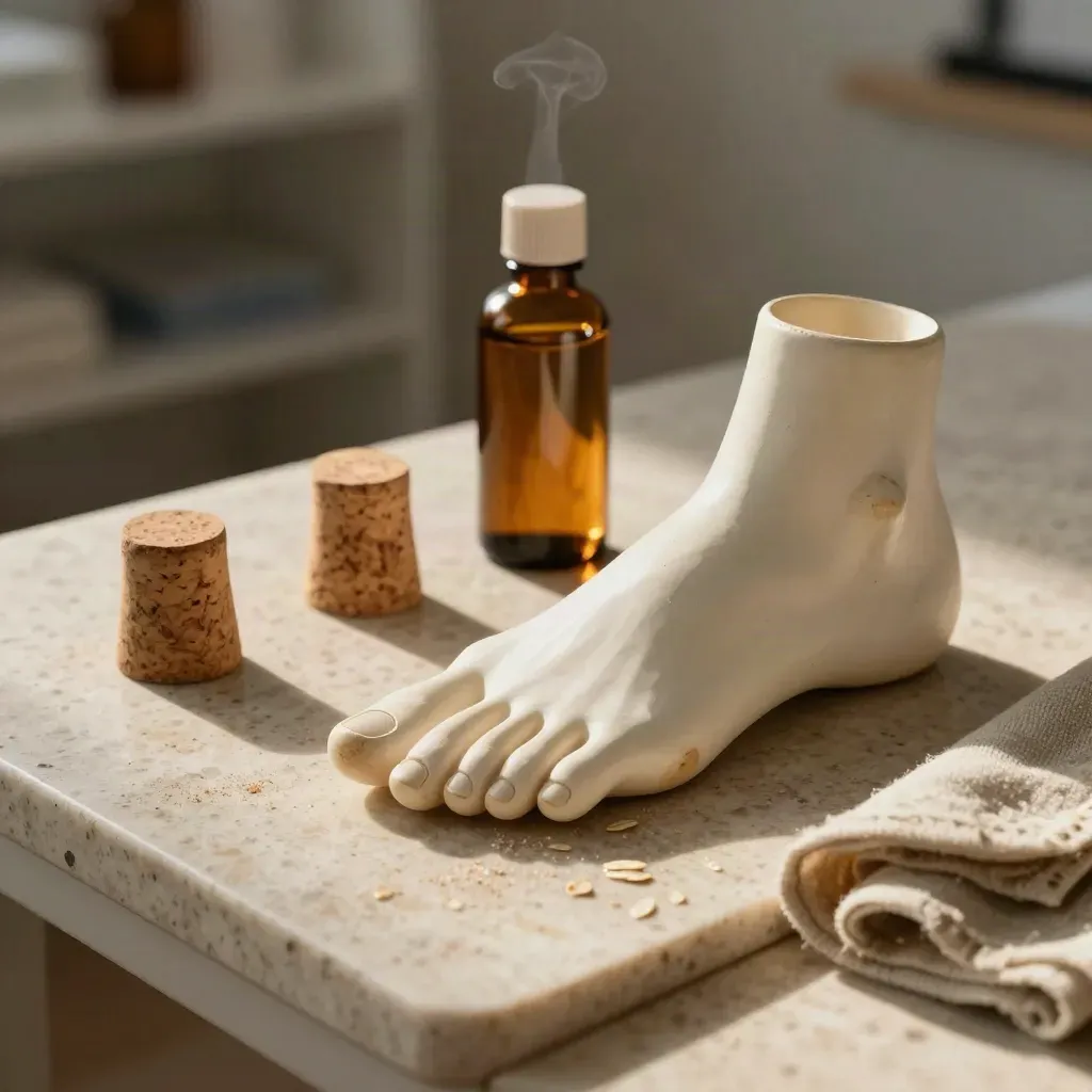 Bone-white foot model with cork wedges, amber oil bottle and linen on travertine.
