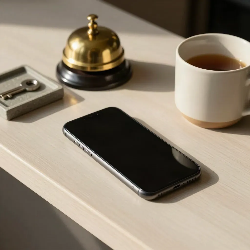Face-down phone, brass bell, key tray, and mug on a pale reception counter