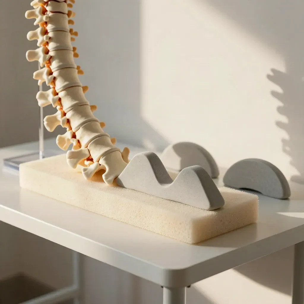 Spine model, balance pad, and posture wedge on a clinic shelf in soft daylight.