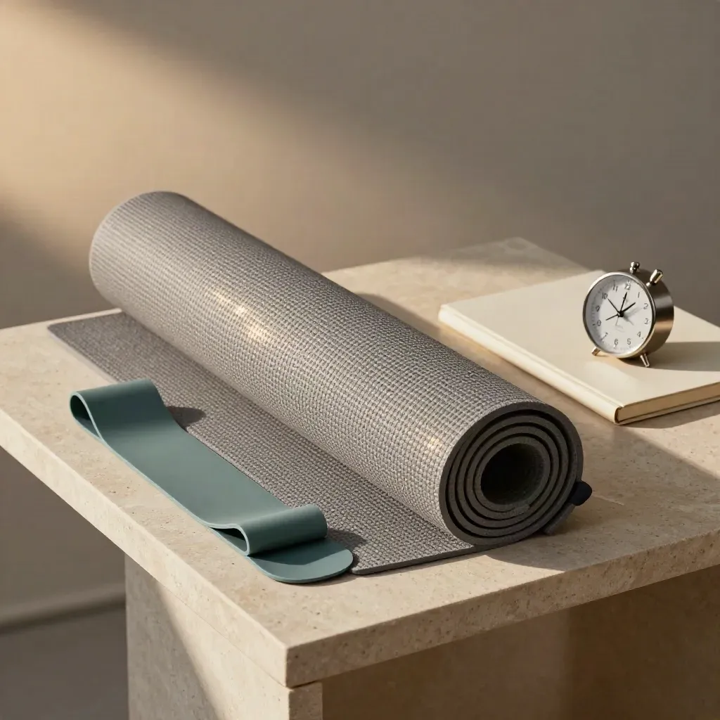 Exercise mat, teal band, notebook and timer arranged on a stone side table in soft light.